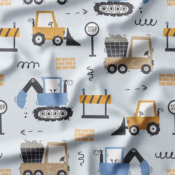 Construction Vehicles Cotton Fabric by the Yard Diggers, Trucks, and Barriers Design for Boys Sewing Fabric for Quilting Bedding DIY