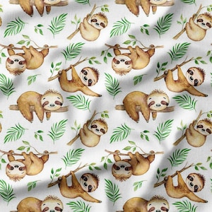 Fabric by the Yard - Watercolor Sloths Relaxing on Branches with Green Leaves on White Cotton Fabric - Perfect for Kids' Quilting, Sewing