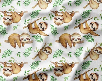 Fabric by the Yard - Watercolor Sloths Relaxing on Branches with Green Leaves on White Cotton Fabric - Perfect for Kids&#39; Quilting, Sewing