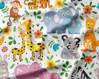 Jungle Animals Cotton Fabric by the Yard Cute Safari Animals with Flowers Design for Kids Sewing, Quilting, Bedding, and DIY Projects