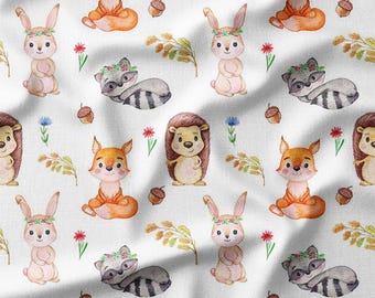 Cute Forest Animals with Fox, Bunny, Hedgehog, and Raccoon Cotton Fabric by the Yard - Adorable Woodland Design for Kids' Quilting, Pillows