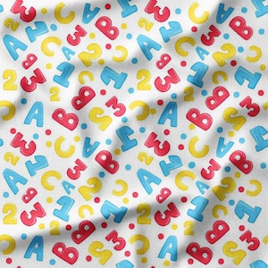Alphabet and Numbers Print Fabric by the Yard, Available in Cotton, Linen, Bamboo - Ideal for Educational Projects, and Nursery Decor