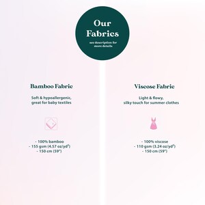 The image is a collage of two fabric images, one depicting bamboo fabric and the other showing visose fabric. The bamboo fabric is described as soft and hypoallergenic, great for baby textiles, and has a 100% bamboo content, weighing between 150 gm (57 oz) and 110 gm (3.24 oz) per yard. The visose fabric is described as light and flowy, silky touch for summer clothes, and has a 100% visose content, weighing between 110 gm (3.24 oz) and 150 gm (57 oz) per yard.