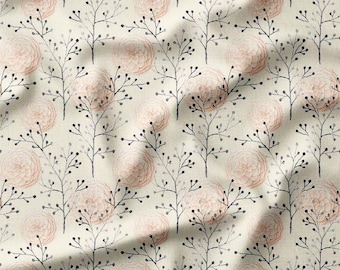 Cotton Fabric by the Yard – Blush Dahlia Sprigs on Cream – Modern Floral Pattern