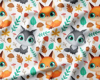 Cute Foxes and Wolves with Acorns, Mushrooms, and Autumn Leaves on White Cotton Fabric by the Yard - Design for Kids, DIY Crafts, Home Decor