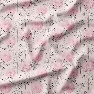 Soft Pink Peonies and Greenery on Light Beige Cotton Fabric by the Yard - Romantic Floral Pattern for Quilting, Sewing, and Home Decor