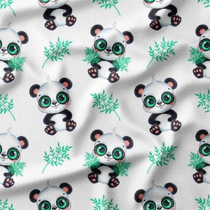 Adorable Cartoon Pandas with Bamboo and Big Green Eyes Cotton Fabric by the Yard Perfect for Kids Quilting, Bedding, and DIY Crafts