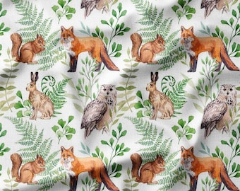Woodland Animals and Greenery Watercolor Cotton Fabric by the Yard - Nature-Inspired Design for Quilting, Sewing, and Home Decor