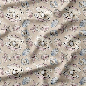 Fabric by the Yard - Pearls and Seashells on Light Beige Background - Ideal for Coastal Quilting, Sewing, and DIY Projects