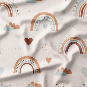 Beige Rainbow Hearts Fabric by the Yard – Multiple Fabrics Available – Pastel Rainbows with Hearts Clouds for Kids Quilting Bedding, Clothes