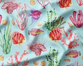 Vibrant Fish Coral and Seashells on Aqua Background Cotton Fabric by the Yard for Quilting Sewing and Ocean Themed DIY Projects