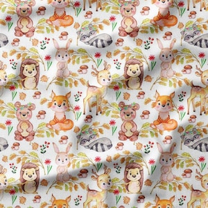Cute Forest Animals with Deer, Bears, Hedgehogs, and Foxes Cotton Fabric by the Yard Perfect for Kids Quilting, Bedding, and DIY Crafts