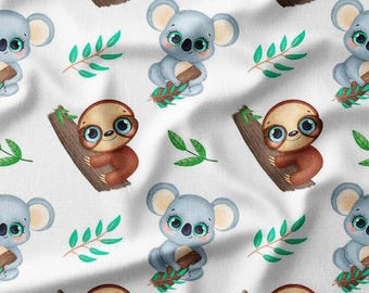 Koalas and Sloths with Leaves Cotton Fabric by the Yard - Adorable Animal Pattern for Kids - Cotton Linen Viscose Bamboo Fabric