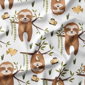 Fabric by the Yard - Playful Sloths with Butterflies and Birds on Branches, White Cotton Fabric - Ideal for Baby Quilts, Sewing Crafts