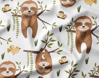 Fabric by the Yard - Playful Sloths with Butterflies and Birds on Branches, White Cotton Fabric - Ideal for Baby Quilts, Sewing Crafts