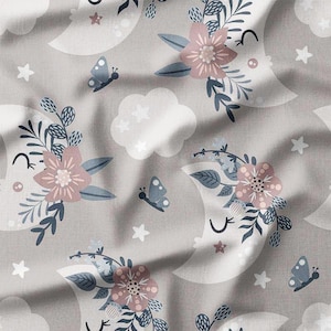 Whimsical Moons with Flowers, Butterflies, and Stars on Gray Cotton Fabric by the Yard  Perfect for Sewing, Quilting, Nursery Decor, Pillows