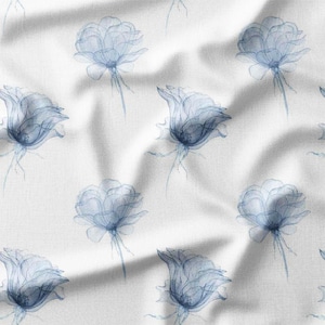 Fabric by the Yard - Delicate Blue Flowers on White Cotton Fabric, Perfect for Quilting, Home Decor, Elegant Apparel, and Crafting Projects