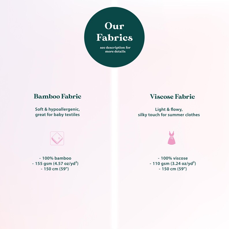The image is a collage of two fabric images, one depicting bamboo fabric and the other showing visose fabric. The bamboo fabric is described as soft and hypoallergenic, great for baby textiles, and has a 100% bamboo content, weighing between 150 gm (57 oz) and 110 gm (3.24 oz) per yard. The visose fabric is described as light and flowy, silky touch for summer clothes, and has a 100% visose content, weighing between 110 gm (3.24 oz) and 150 gm (57 oz) per yard.