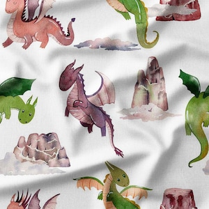 Colorful Dragons and Rocky Mountains on White Cotton Fabric by the Yard – Fantasy Creature Design for Quilting, Pillows, and Kids&#39; Projects