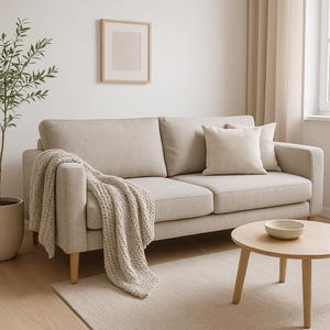 a living room with a couch, coffee table and potted plant