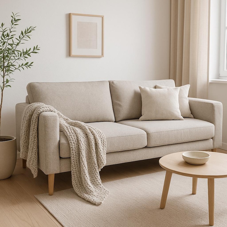 a living room with a couch, coffee table and potted plant