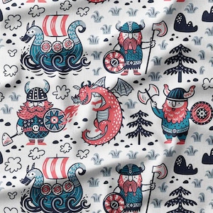 Cotton Fabric by the Yard - Playful Viking and Dragon Cartoon Print on White Background, Ideal for Kids&#39; Projects, Quilting, and Nursery