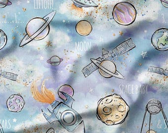 Whimsical Space Design with Planets, Rockets, and Satellites on Blue Cotton Fabric by the Yard - Fun Outer Space Pattern for Kids' Quilting