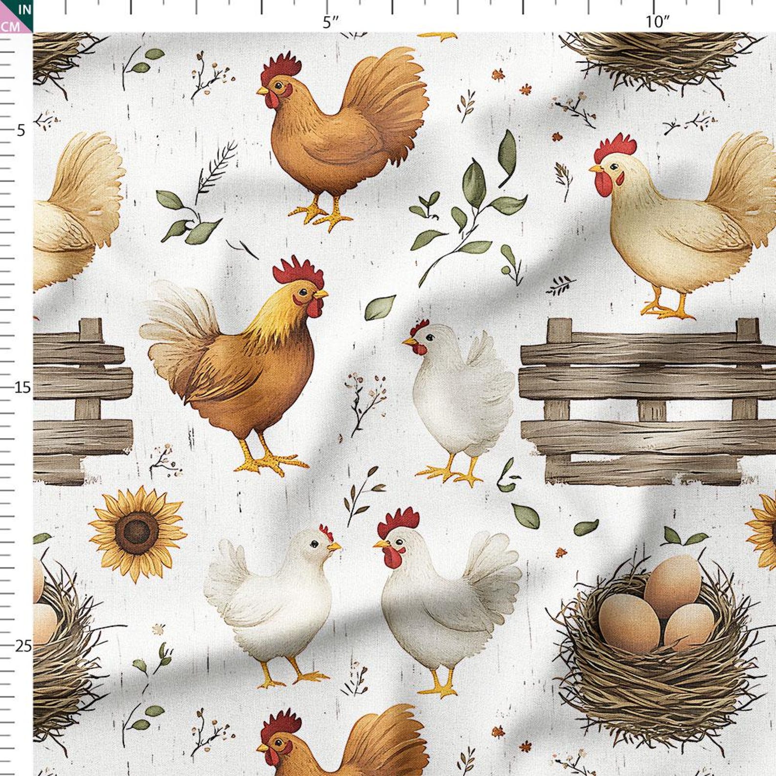 Cotton Fabric by the Yard – Chickens, Roosters, Eggs and Sunflowers ...