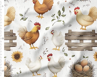 Cotton Fabric by the Yard – Chickens, Roosters, Eggs and Sunflowers – Farmhouse Kitchen Pattern