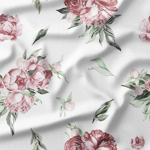 Fabric by the Yard - Blush Pink Peonies and Green Leaves on White Cotton Fabric, Ideal for Home Decor, Quilting, Crafts, and Sewing Projects