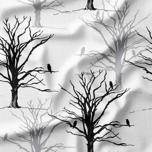 Black and White Tree Silhouettes with Ravens on Cotton Fabric by the Yard - Gothic Design for Quilting, DIY Crafts, Home Decor, Apparel
