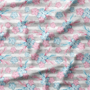 Pink and Blue Flowers on Gray Striped Cotton Fabric by the Yard - Perfect for Quilting, Sewing, Crafts, and Home Decor