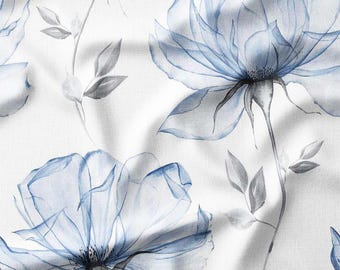Cotton Fabric by the Yard – Large Blue Watercolor Flowers – Botanical Design