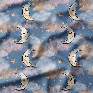 Dreamy Crescent Moons and Stars on Blue Cotton Fabric by the Yard – Whimsical Night Sky Design for Quilting, Sewing, Pillows, Nursery Decor
