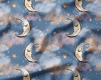 Dreamy Crescent Moons and Stars on Blue Cotton Fabric by the Yard – Whimsical Night Sky Design for Quilting, Sewing, Pillows, Nursery Decor