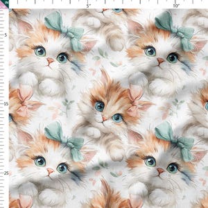 May include: A repeating pattern of adorable watercolor kittens with orange, white, and brown fur, each adorned with a bow. The kittens have blue and green eyes, and the background features soft pink and green floral accents.