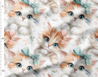 Cotton Fabric by the Yard, Kittens with Bows, Big Blue Eyes Pastel Watercolor Cat Pattern