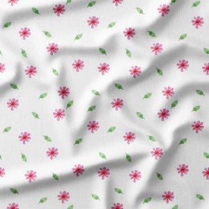 Fabric by the Yard - Pink Watercolor Flowers with Green Leaves on White Cotton Fabric - Perfect for Quilting, Sewing, and DIY Crafts