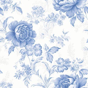 Fabric by the Yard – Blue Toile Chinoiserie Roses & Peonies, Large ...