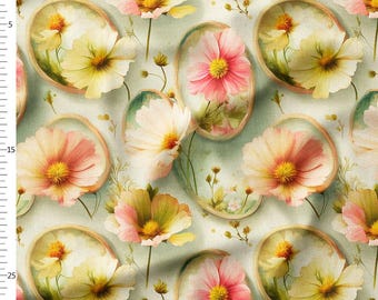 Cotton Fabric by the Yard, Pastel Floral Cameos Oval Frames, Sage Vintage Botanical
