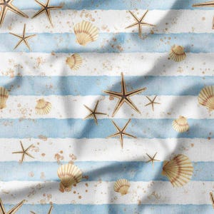 Nautical Starfish and Shells Cotton Fabric by the Yard Blue Stripes Beach Design Sewing Fabric for Bedding Quilting Home Decor and DIY