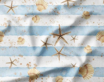 Nautical Starfish and Shells Cotton Fabric by the Yard Blue Stripes Beach Design Sewing Fabric for Bedding Quilting Home Decor and DIY