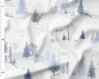 Christmas Cotton Fabric by the Yard – Snowy Hills with Evergreen Trees in Blue and Cream – Winter Woodland Pattern