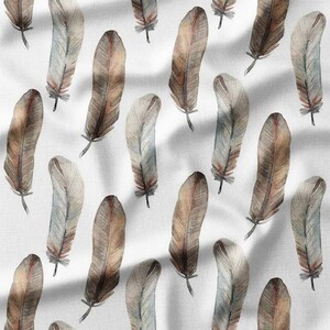 Cotton Fabric by the Yard – Brown Watercolor Feather Pattern on White Background, Available in Cotton, Linen, Viscose – Ideal for Quilting