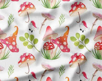 Cotton Fabric by the Yard – Red Mushrooms, Green Leaves, and Cute Gnomes on White – Perfect for Fall Quilting, Sewing, and Craft Projects