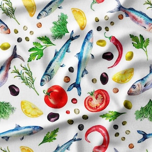 Mediterranean Seafood and Vegetables Watercolor Cotton Fabric by the Yard - Vibrant and Fresh Design for Quilting, Sewing, and Kitchen Decor