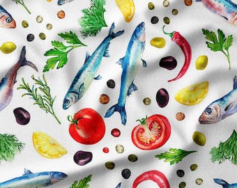 Mediterranean Seafood and Vegetables Watercolor Cotton Fabric by the Yard - Vibrant and Fresh Design for Quilting, Sewing, and Kitchen Decor