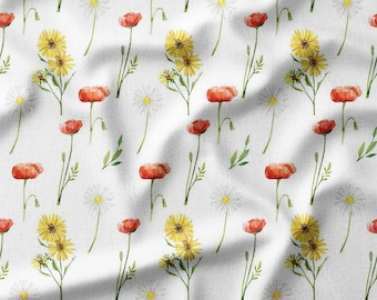 Cotton Fabric by the Yard Watercolor Wildflowers Pattern, Available in Cotton, Linen, Bamboo & More - Perfect for Summer-Themed Apparel