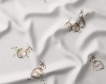 Cute Bunny Cotton Fabric by the Yard Adorable Animal Rabbits with Flowers Watercolor Design on Light Pink Sewing Fabric for Quilting and DIY