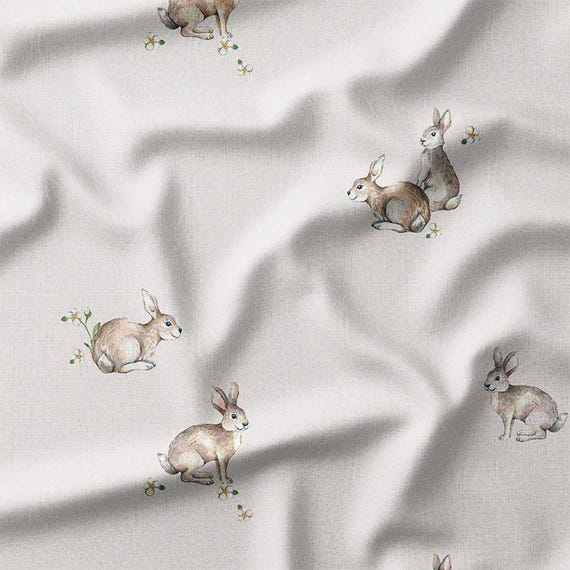 Cute Bunny Cotton Fabric by the Yard Adorable Animal Rabbits with Flowers Watercolor Design on Light Pink Sewing Fabric for Quilting and DIY
